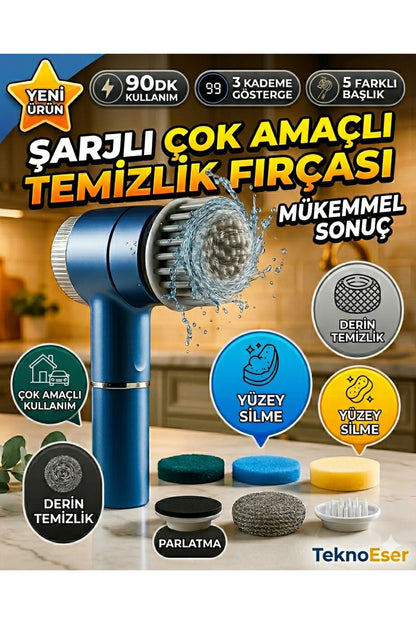 Şarjlı Çok Amaçlı Yüzey Temizlik Fırçası - 5 Başlıklı 3 Kademeli Ovma Ve Parlatma Makinesi