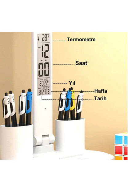 Dijital Saatli Termometreli Çift Kanatlı LED Masa Lambası - Kalemlikli Organizer Çalışma Lambası