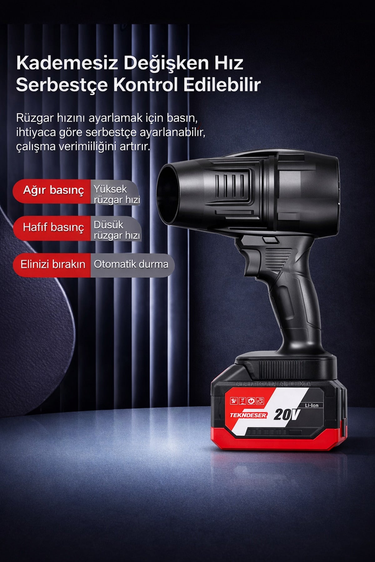 Şarjlı Hava Üfleme Makinesi 20V Kablosuz Blower Kademesiz Hız Ayarlı Güçlü Temizleyici