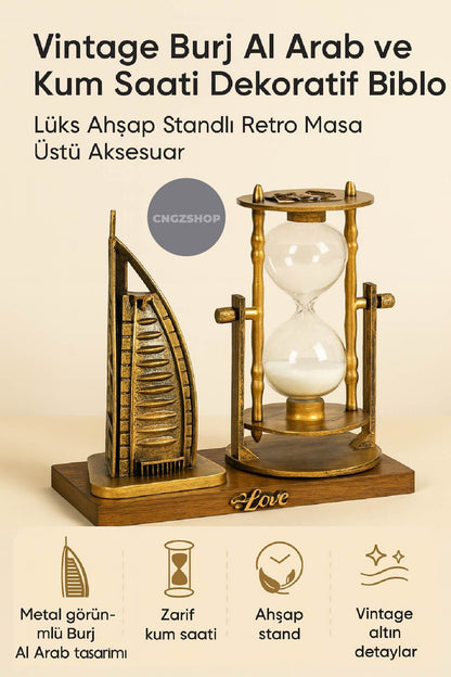 Vintage Burj Al Arab ve Kum Saati Dekoratif Biblo | Lüks Ahşap Standlı Retro Masa Üstü Aksesuar