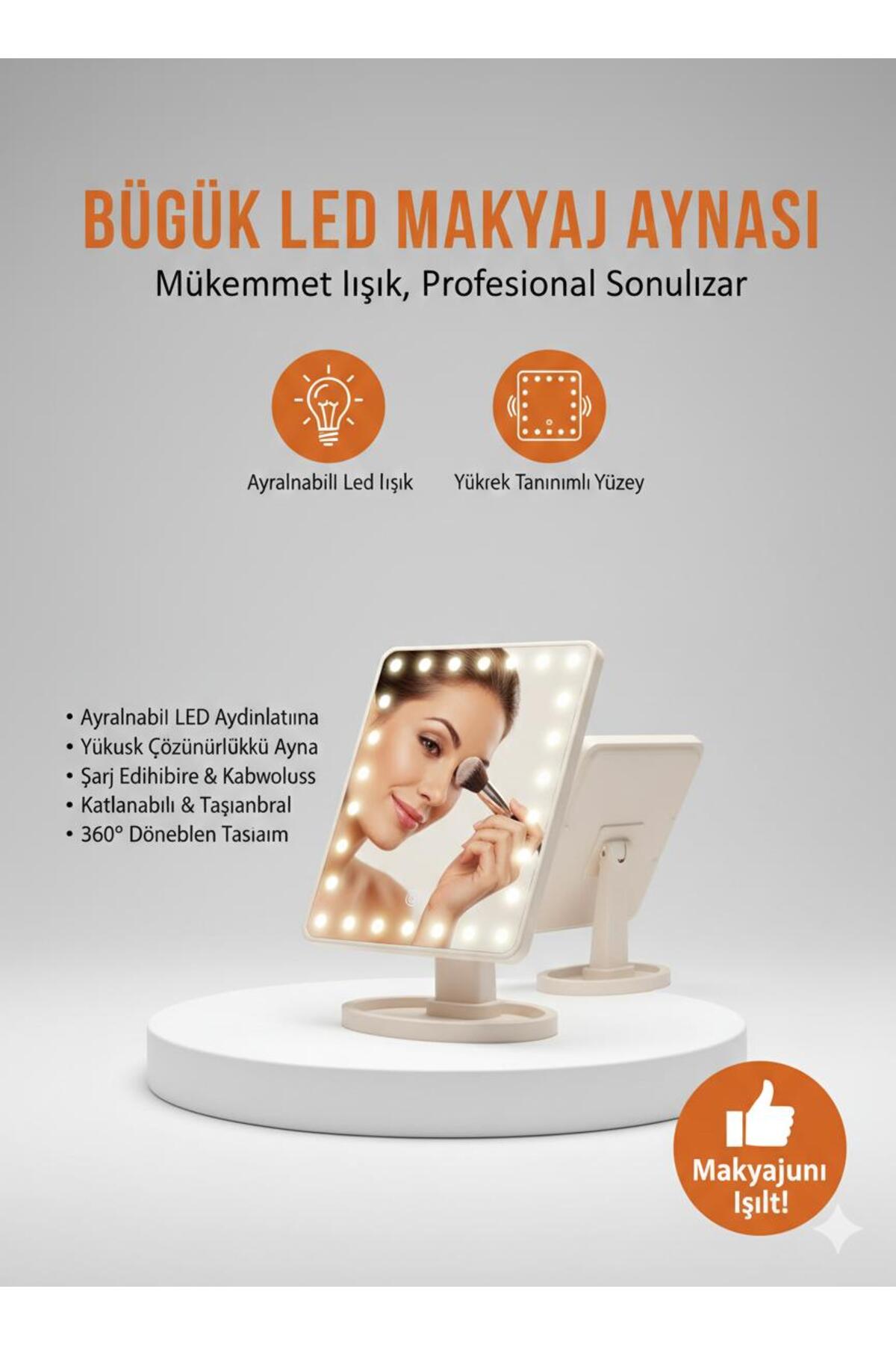 Büyük LED Işıklı Makyaj Aynası | Ayarlanabilir Işık, Yüksek Çözünürlük, 360° Döner Profesyonel Ayna
