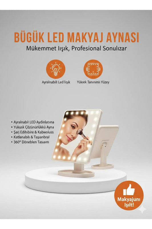 Büyük LED Işıklı Makyaj Aynası | Ayarlanabilir Işık, Yüksek Çözünürlük, 360° Döner Profesyonel Ayna
