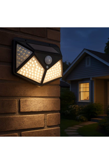 Solar Enerjili 100 LED Üçgen Duvar Lambası – Hareket Sensörlü, Su Geçirmez, Geniş Açı Aydınlatma