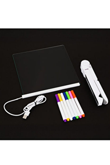 Yazı Çizim Tahtası Neon Led Işıklı 20x20 cm 7 Kalem ve Stant Hediyeli Işıklı Eğitici Resim Tahtası