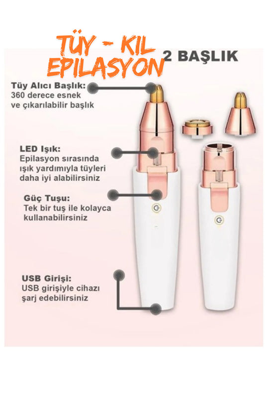 Kaş Bıyık Epilatörü Kadın Tüy Alma Aleti Şarjlı Yüz Temizleyici Cihaz Çift Başlık