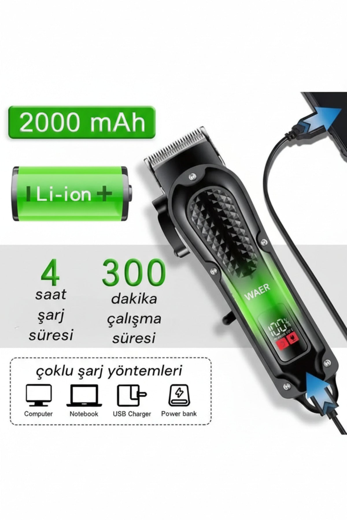 Profesyonel Şarjlı Saç Sakal Kesme Makinesi 2000 mAh Li-ion Batarya Dijital Gösterge Tıraş Makinesi