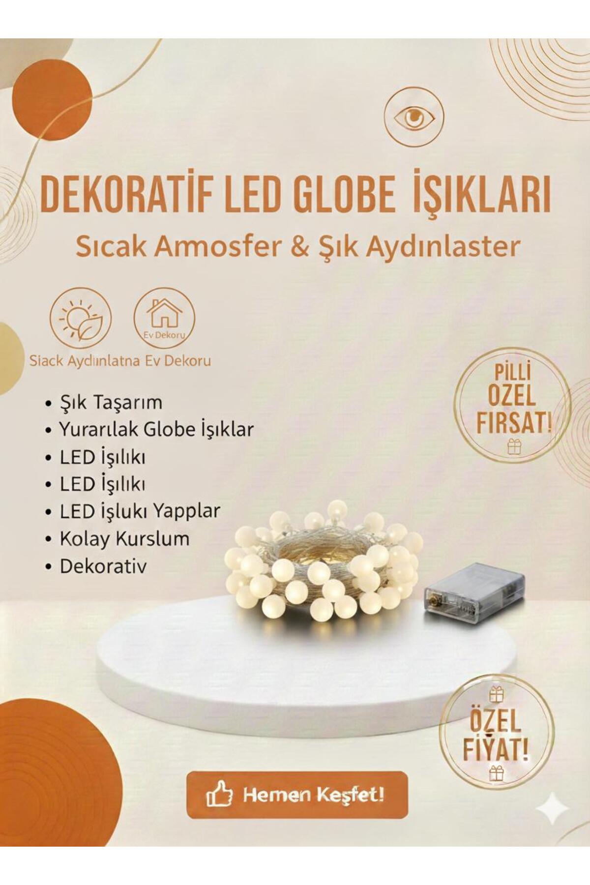 Dekoratif LED Globe Işıkları | Pilli, Sıcak Işık, Şık Ortam & Ev Dekor Aydınlatması