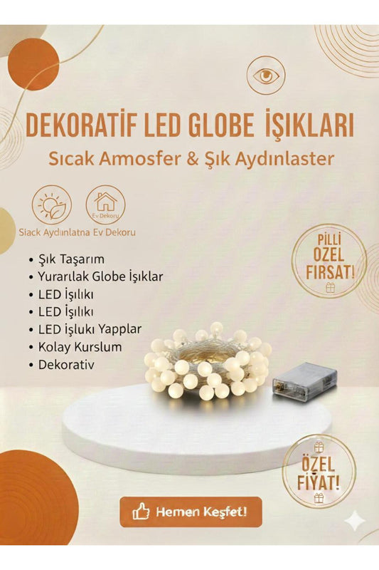 Dekoratif LED Globe Işıkları | Pilli, Sıcak Işık, Şık Ortam & Ev Dekor Aydınlatması