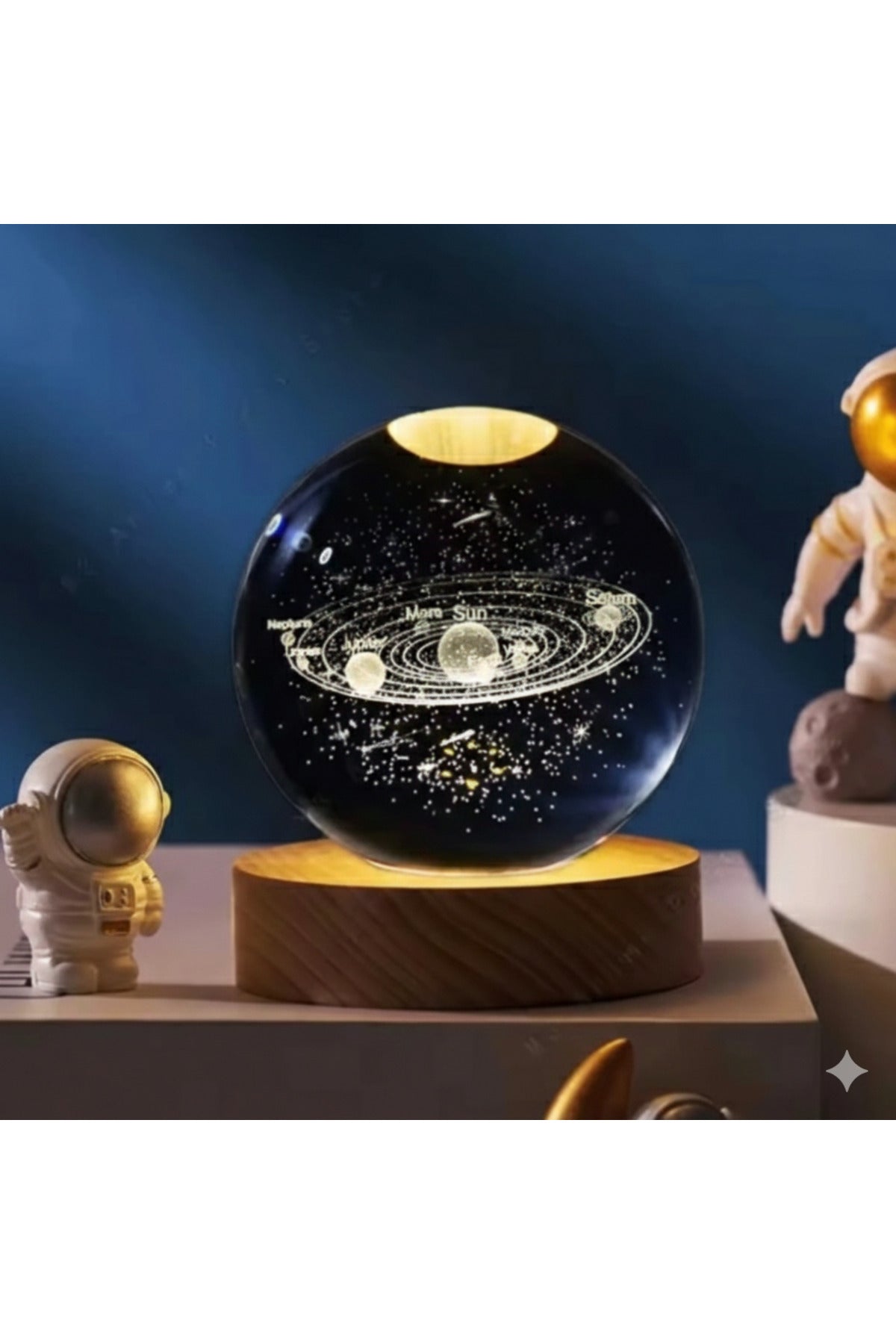 Güneş Sistemi Samanyolu Tasarımlı Işıklı Kristal Küre Gece Lambası Ahşap Dekoratif Masa Lambası