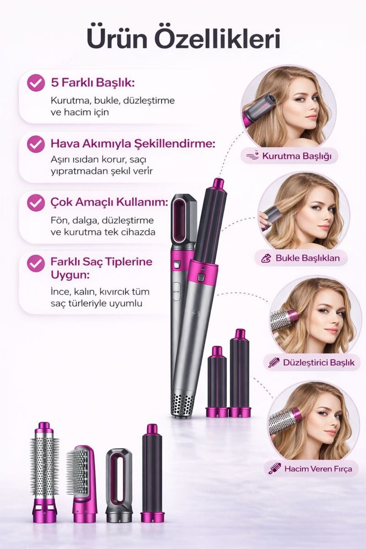 5’i 1 Arada Çok Fonksiyonlu Saç Şekillendirici Set | Kurutma, Bukle, Düzleştirme ve Hacim