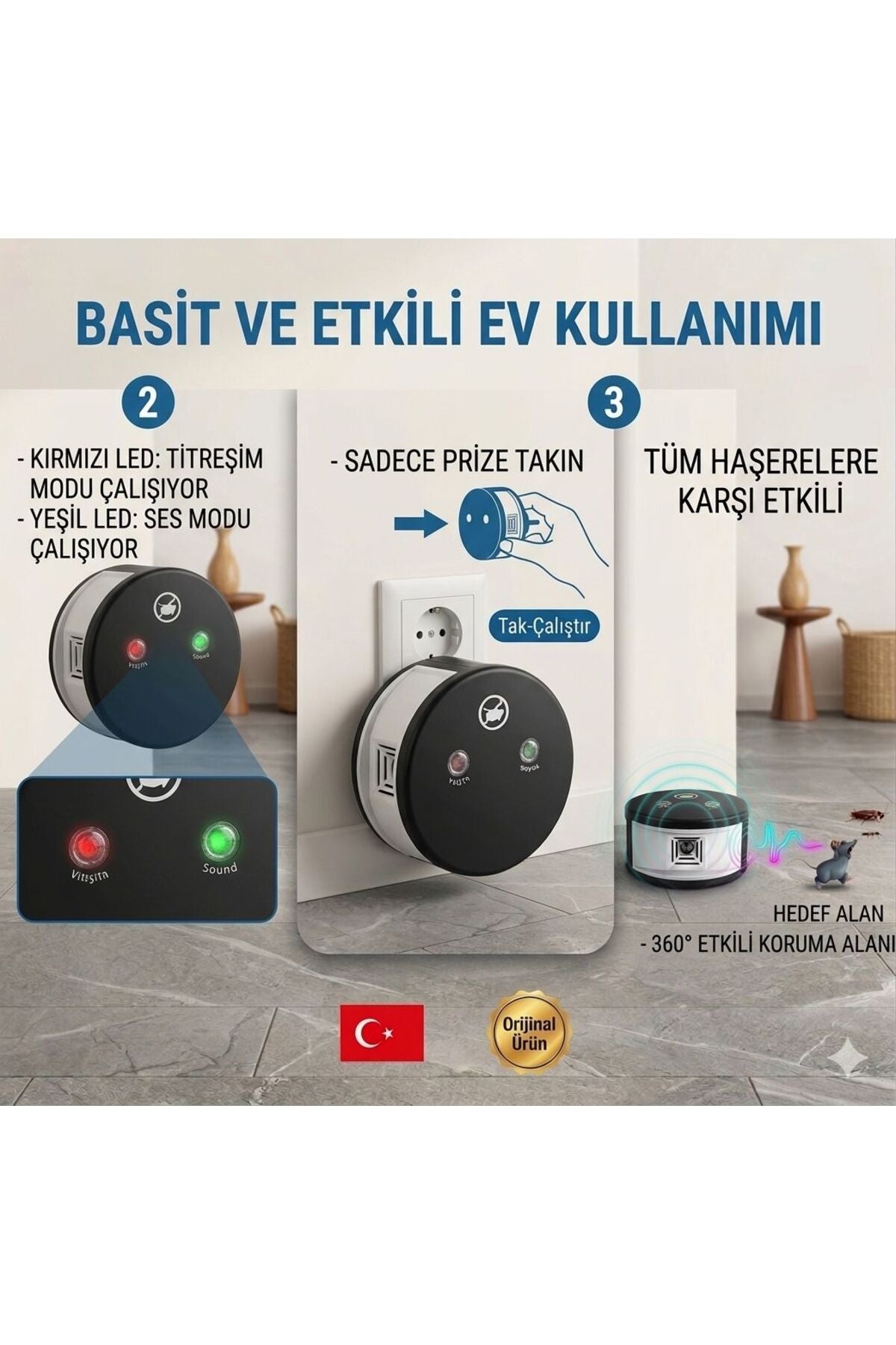 Ultrasonik Elektronik Haşere Kovucu - 360° Etkili Fare, Hamam Böceği ve Karınca Uzaklaştırıcı