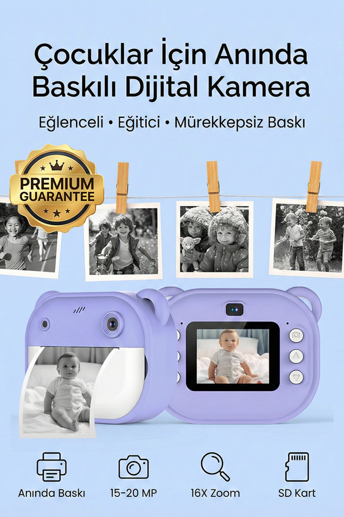 Anında Baskılı Çocuk Kamerası HD Ekranlı Termal Etiket ve Fotoğraf Baskı