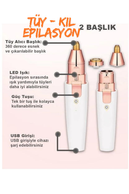 Kaş Bıyık Epilatörü Kadın Tüy Alma Aleti Şarjlı Yüz Temizleyici Cihaz Çift Başlık