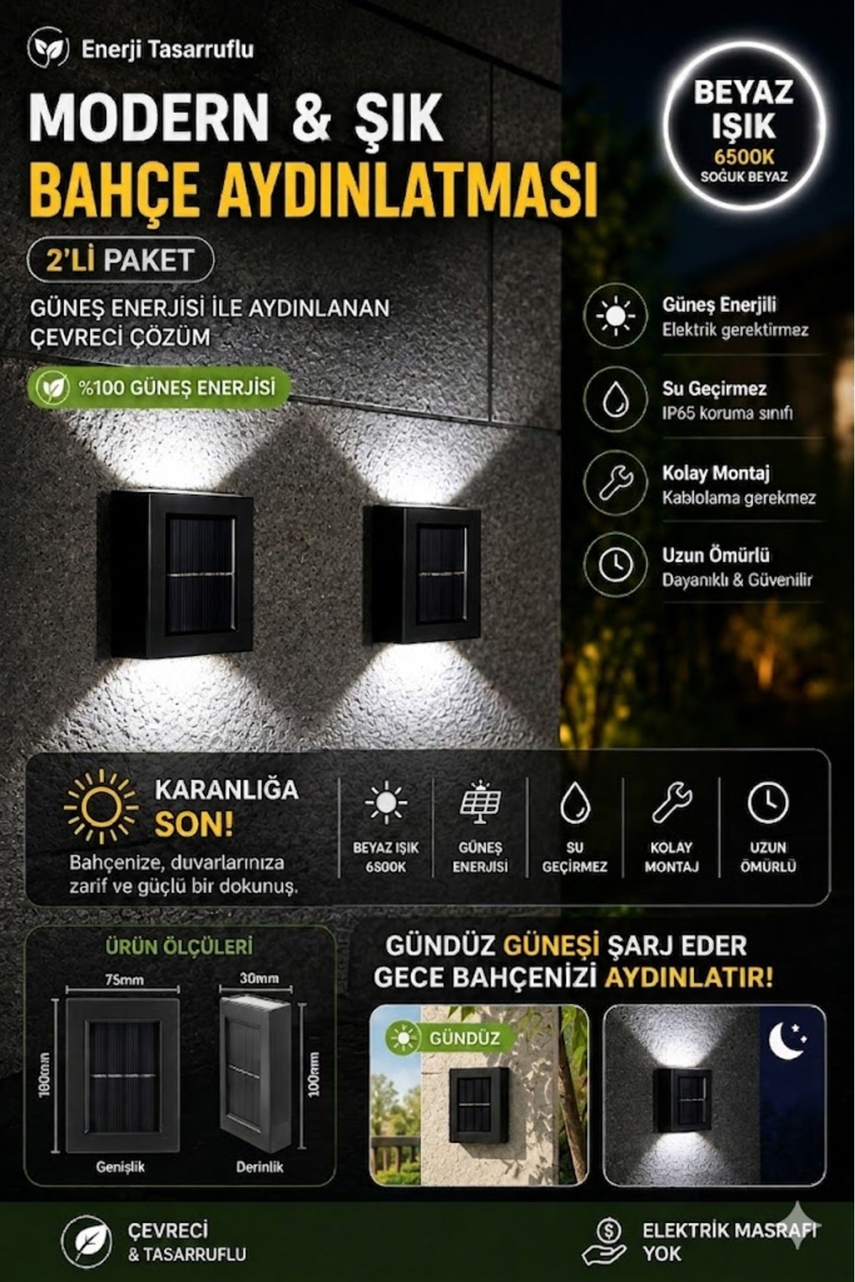 2’li Solar LED Bahçe Duvar Lambası Güneş Enerjili Su Geçirmez Dış Mekan Aydınlatma Beyaz Işık