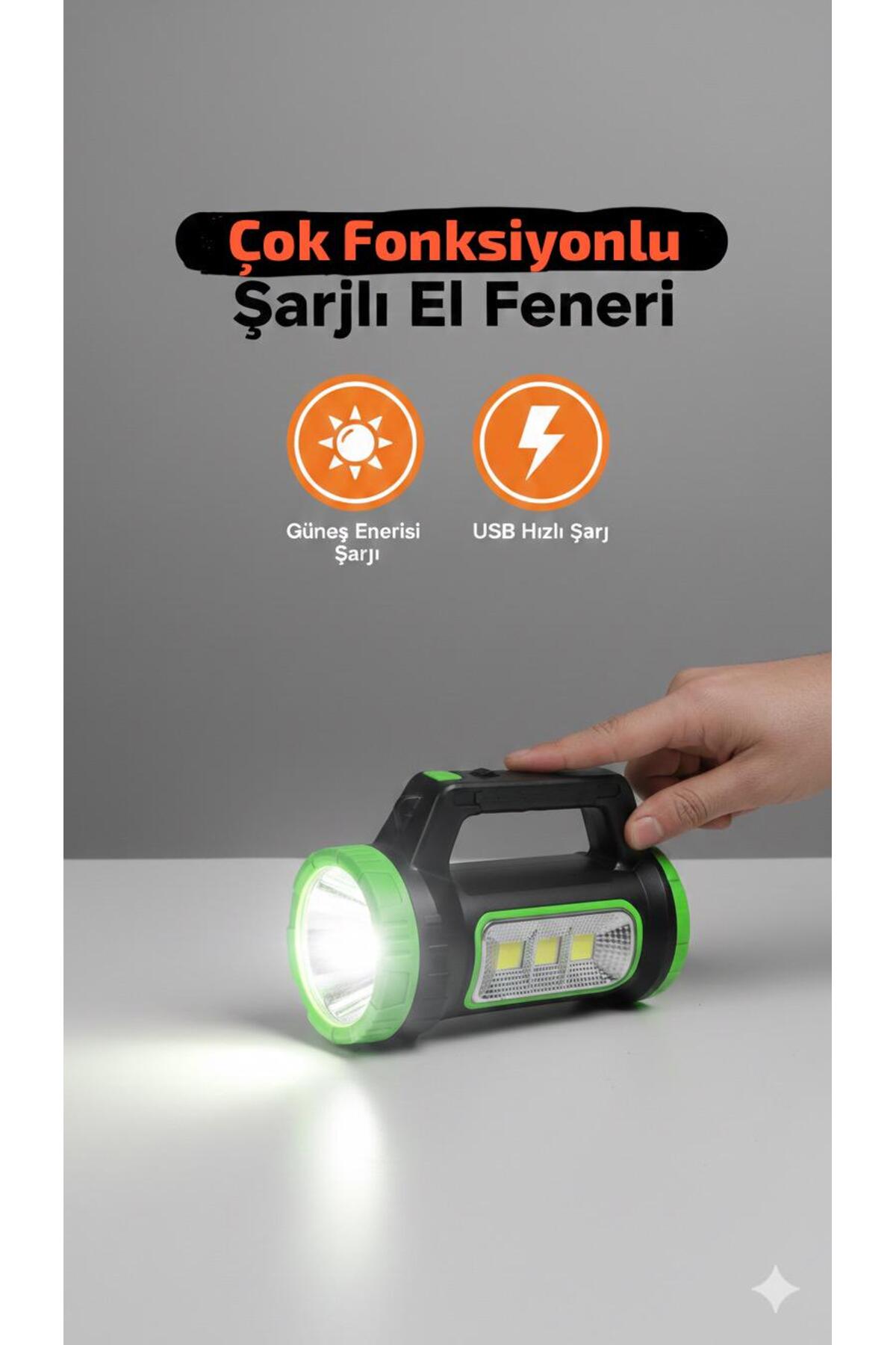 Güneş Enerjili ve USB Şarjlı Çok Fonksiyonlu El Feneri – Yüksek Işık Gücü, Dayanıklı Tasarım