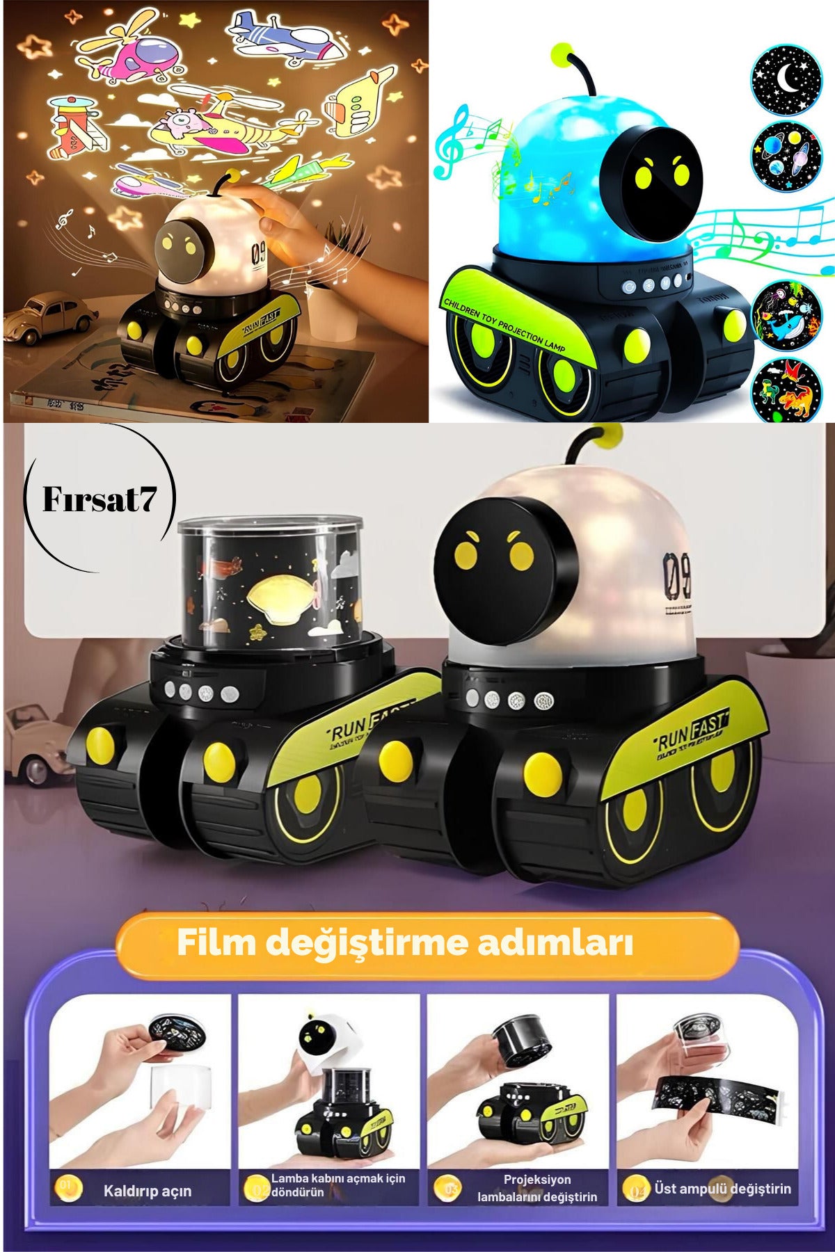 ÇOCUKLAR İÇİN EĞİTİCİ VE EĞLENCELİ ROBOT TEMALİ PROJEKTÖR GECE LAMBASI 12 FİLMLİ