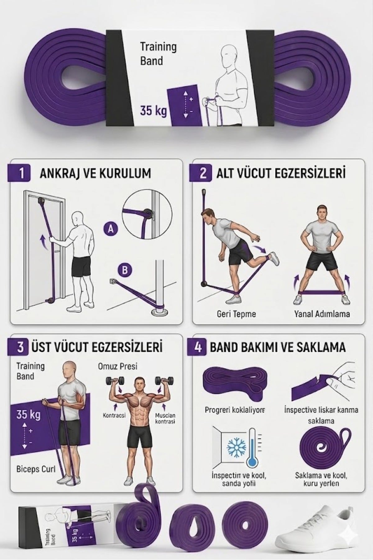 35 KG Pilates Direnç Bandı Mor - Ağır Sert Egzersiz Ve Spor Lastiği Fitnes Bandı