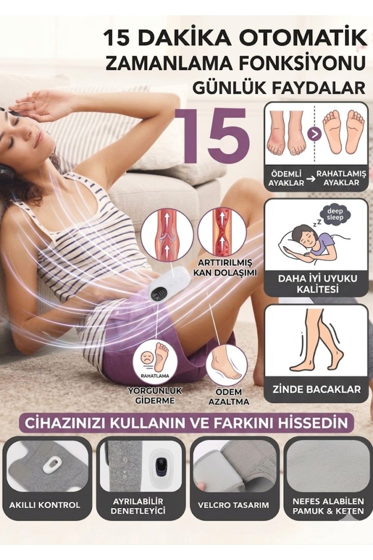 Akıllı Hareket Sensörlü Bacak ve Baldır Masaj Aleti - Isıtmalı, Hava Kompresyonlu, 3 Modlu