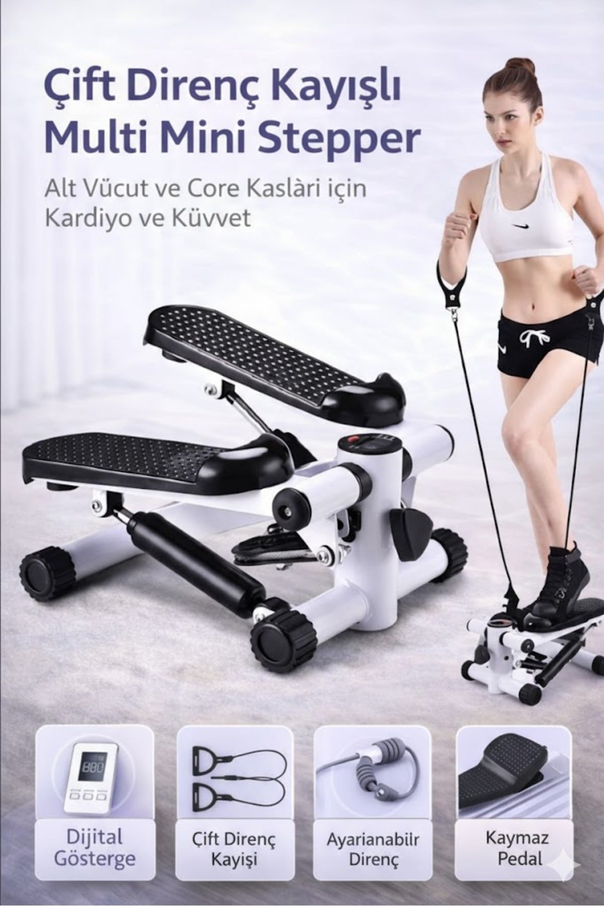 Çift Direnç Kayışlı Multi Mini Stepper - Dijital Göstergeli Ev Tipi Kardiyo ve Fitness Step Aleti
