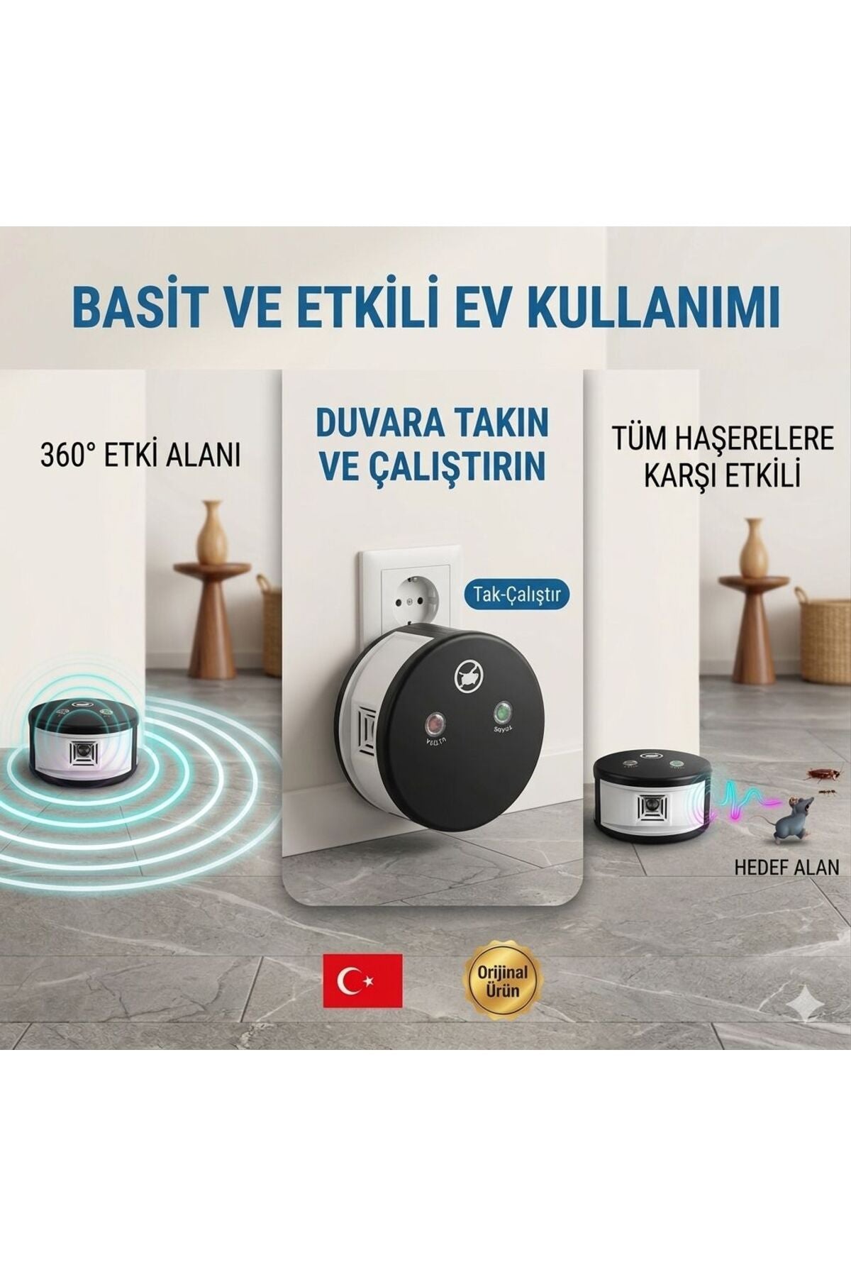 Ultrasonik Elektronik Haşere Kovucu - 360° Etkili Fare, Hamam Böceği ve Karınca Uzaklaştırıcı
