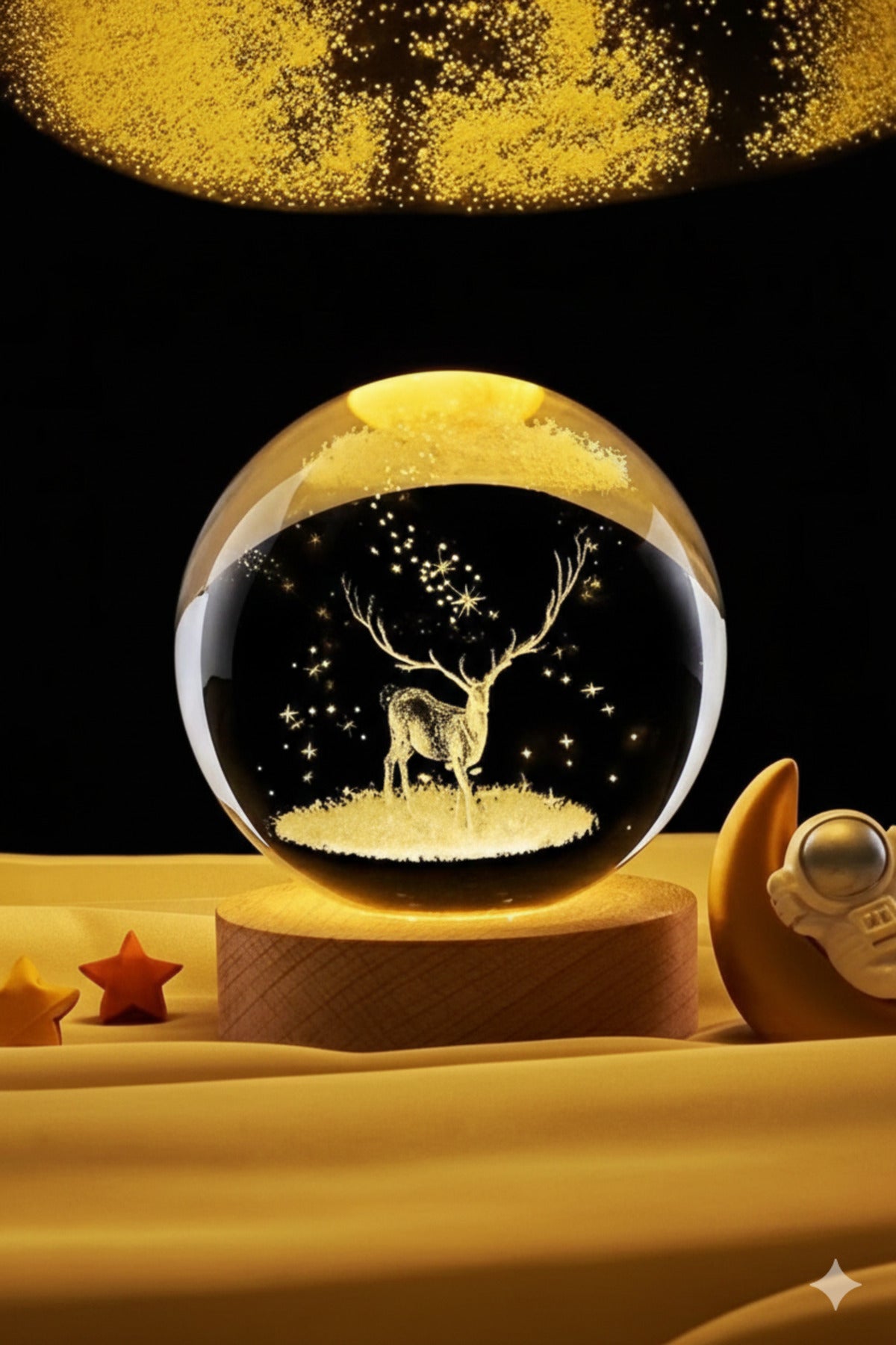 Geyik Figürlü 3D Kristal Küre Gece Lambası - Ahşap Kaideli Işıklı Dekoratif Hediyelik