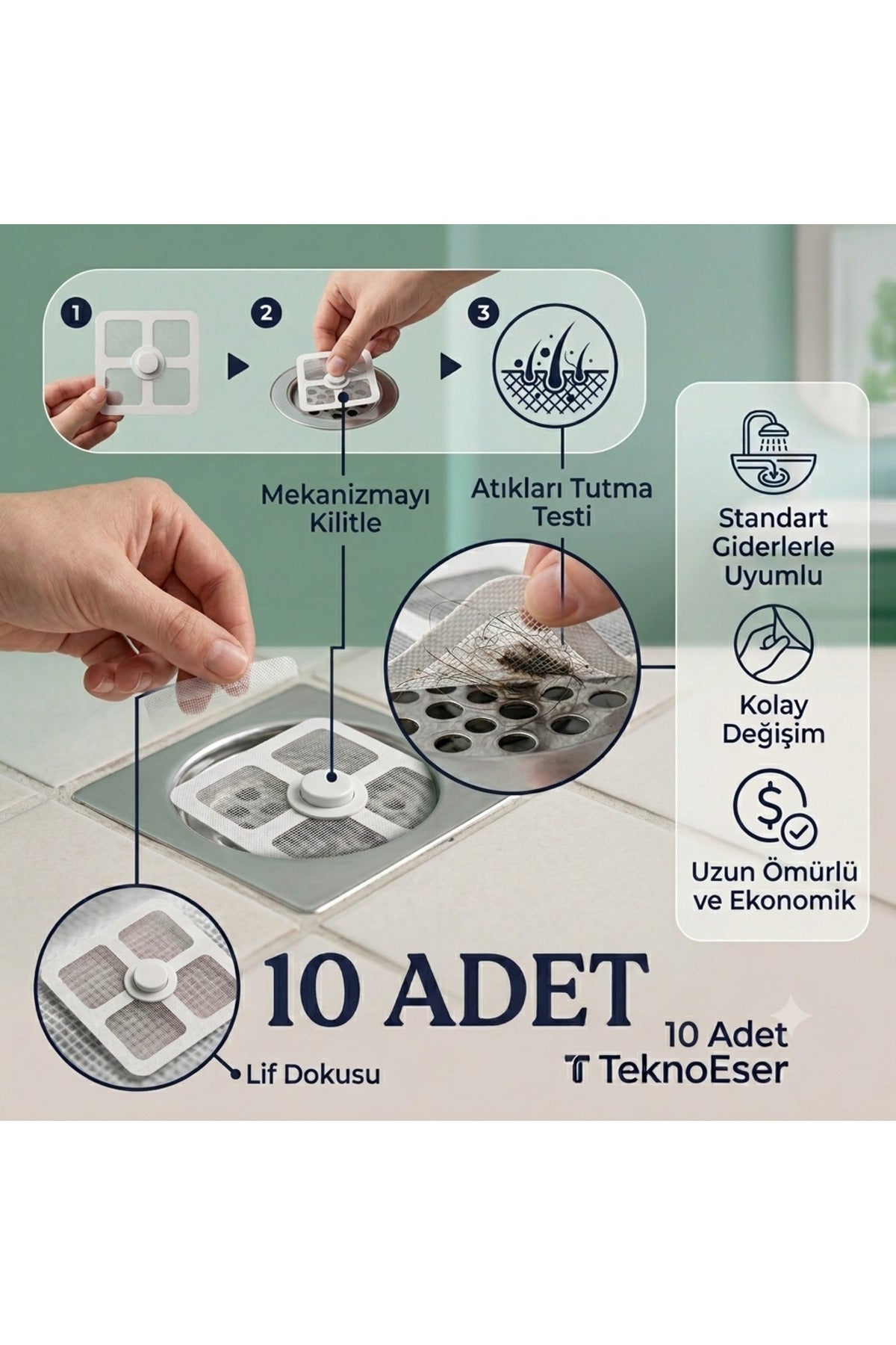 10 Adet Gider Süzgeci - Duş ve Lavabo Tıkanıklık Önleyici Tek Kullanımlık Filtre