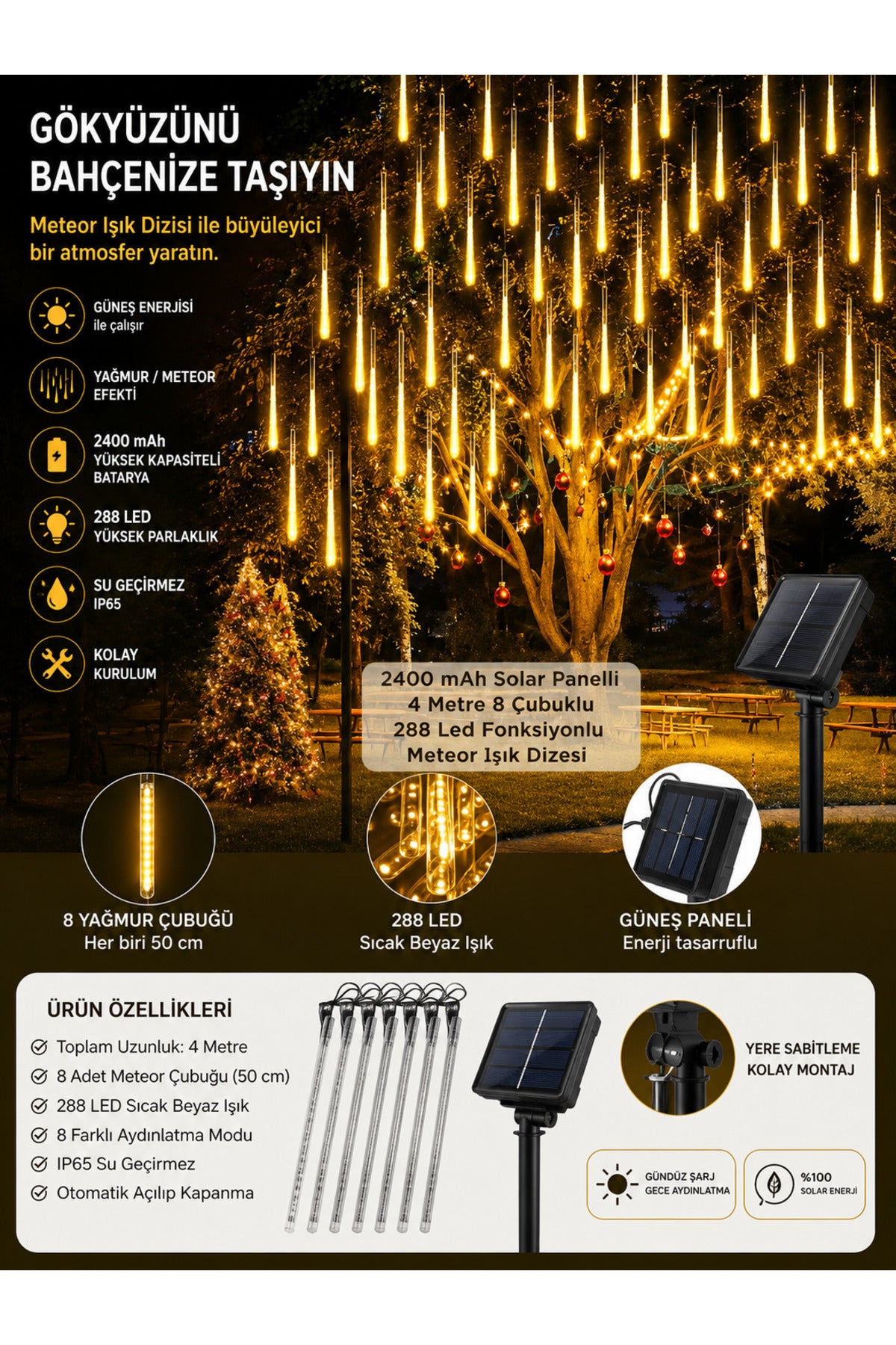 Solar Meteor Yağmur Işık Dizisi 288 LED 8 Çubuklu 4 Metre IP65 Su Geçirmez Bahçe Balkon Dış Mekan Süsleme Işığı
