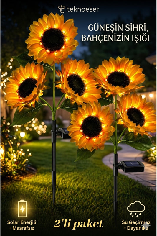 Güneş Enerjili Solar Bahçe Aydınlatması - 2'li Paket Dev Ayçiçeği Led Lamba - Su Geçirmez Dekoratif Bahçe Lambası