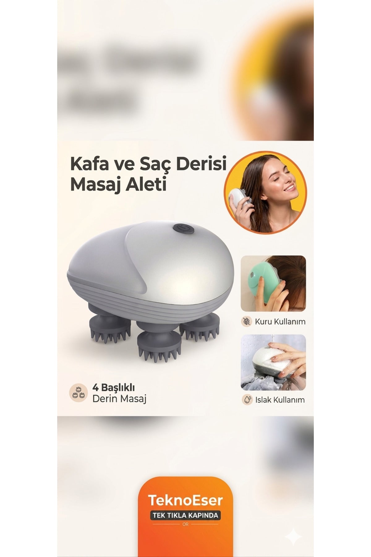 Şarjlı Kafa Ve Saç Derisi Masaj Aleti - 4 Başlıklı Islak & Kuru Kullanım Su Geçirmez Masaj Cihazı
