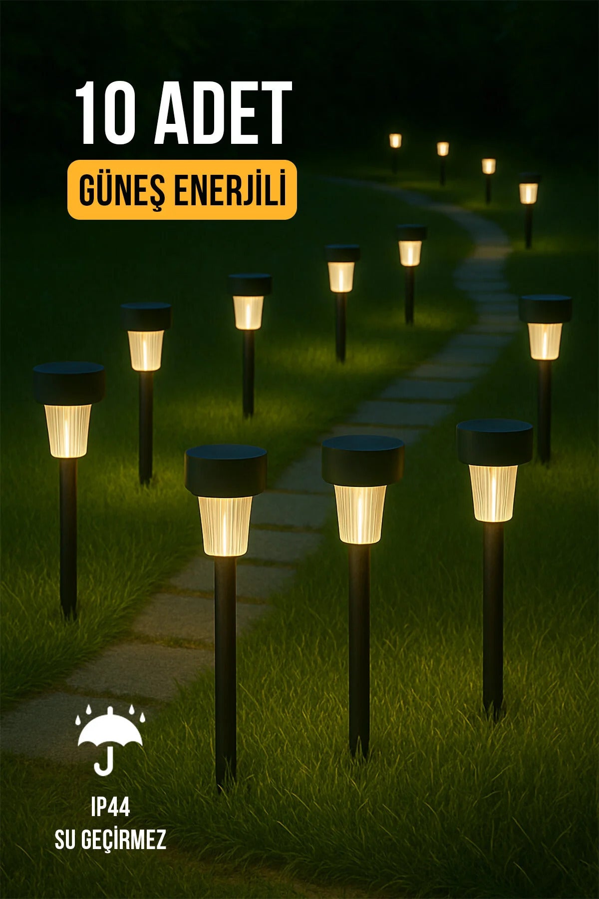 10’lu Set Güneş Enerjili LED Bahçe Aydınlatması, Gün Işığı Renk, Siyah Gövde, Toprak Çakmalı