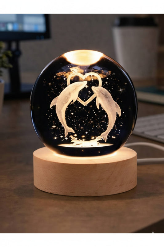 3D Yunus Figürlü Kristal Cam Küre Gece Lambası - Ahşap Kaideli Lazer İşlemeli Dekoratif Işıklı Küre