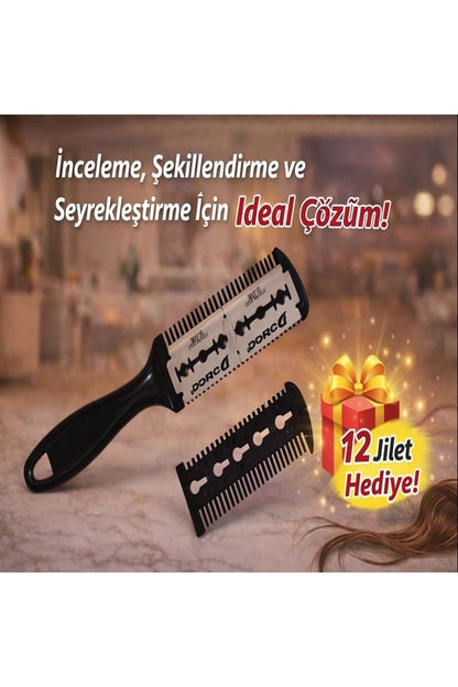 Saç Seyreltme Jiletli Tarak | Profesyonel Saç Kesim ve Şekillendirme Aparatı, 12 Jilet Hediye