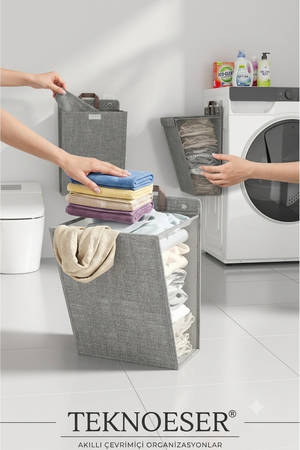 Katlanabilir Duvara Asılabilir Çamaşır Sepeti - Banyo ve Çamaşır Makinesi Yanı Organizer Kirli Sepeti