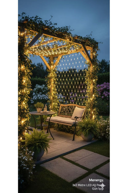 Menergy LED Ağ Perde Işık 3x2 Metre | Sıcak Beyaz | İç & Dış Mekan | Enerji Tasarruflu Net Curtain