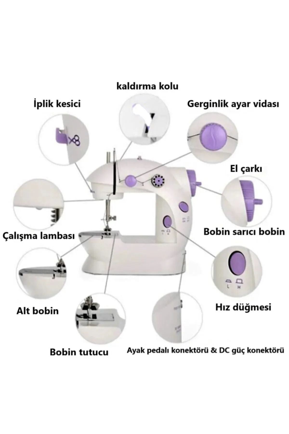 Işıklı Elektrikli Mini Dikiş Makinesi Ayak Pedallı Çok Fonksiyonlu Taşınabilir Dikiş Makinesi