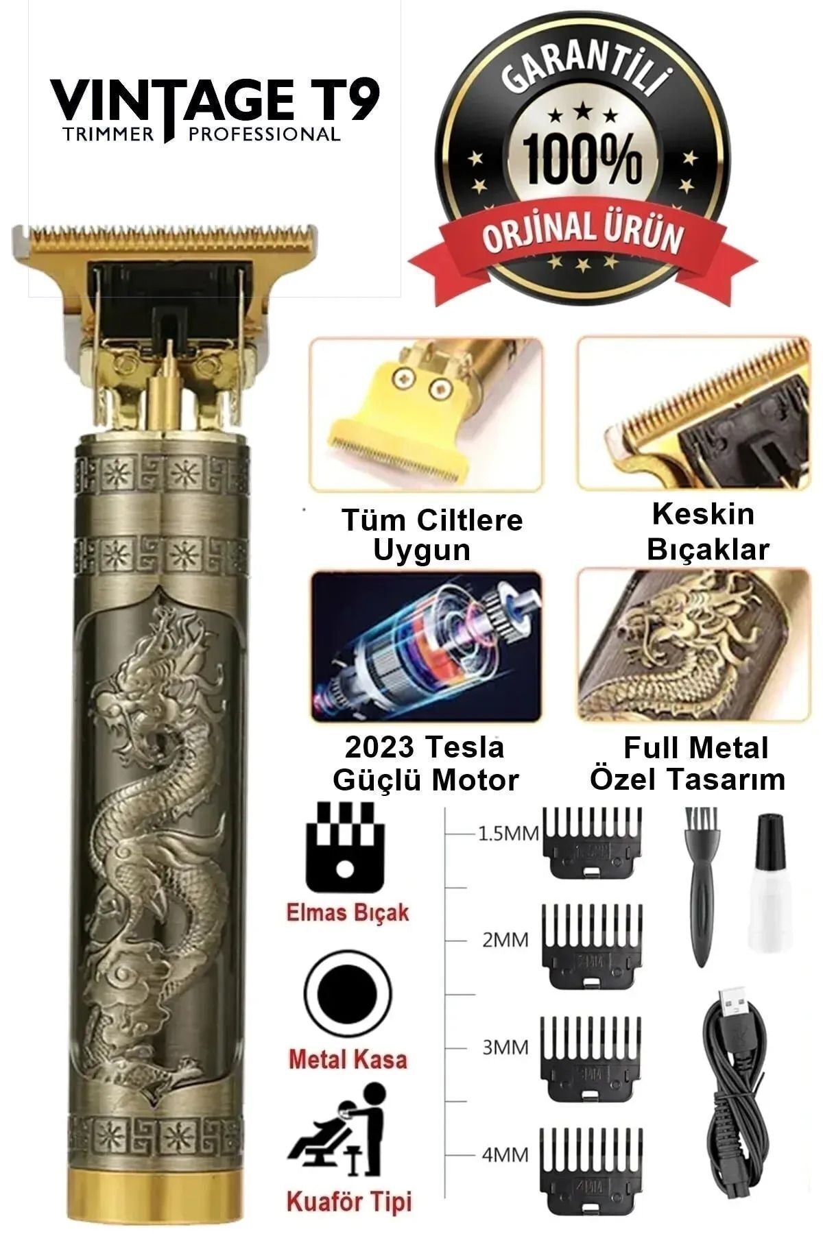 T9 Trimmer Vintage Profesyonel Şarjlı Saç Sakal Vücut Tıraş Makinesi