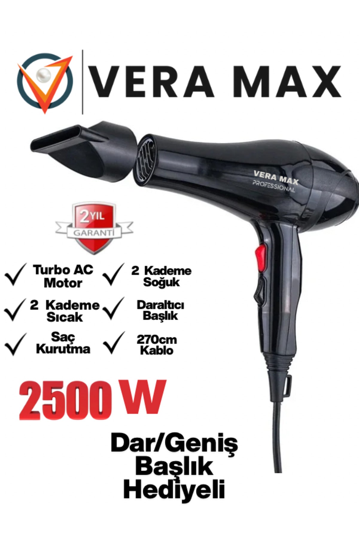 Çok Fonksiyonlu Pro Ergonomik 2500-WT Saç Kurutma Makinası + Fön Tarağı + Başlık Hediyeli Hairdyer