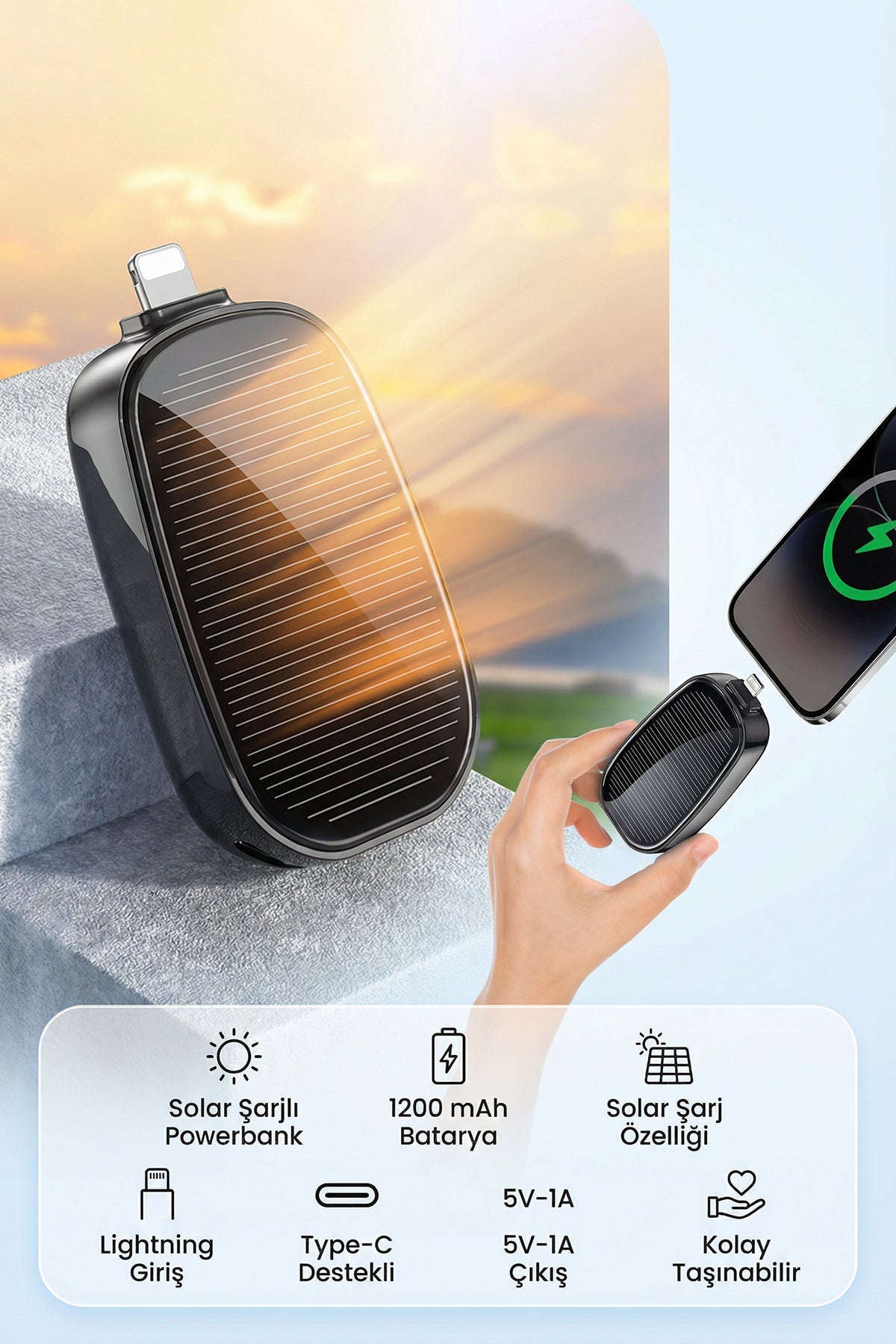 Solar Enerjili 1200mAh Taşınabilir Power Bank - Acil Durumlarda Kesintisiz Şarj