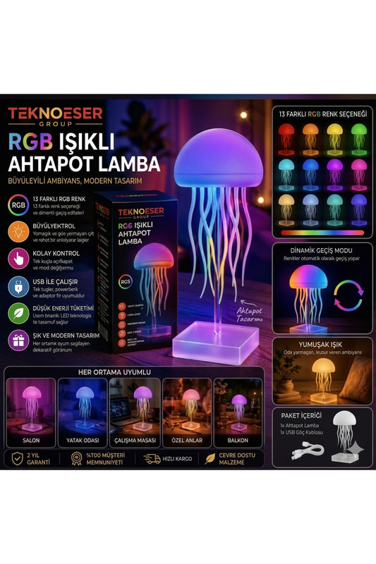 RGB Işıklı Ahtapot Lamba 13 Renkli Denizanası Gece Lambası Dinamik Geçiş Modlu USBli Dekoratif Masaüstü Aydınlatma