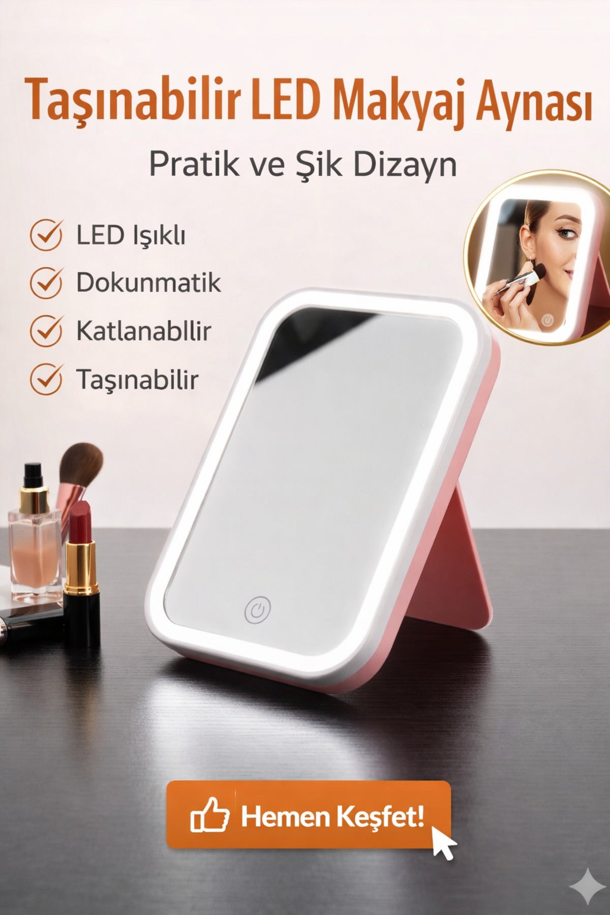 LED Işıklı Taşınabilir Makyaj Aynası Dokunmatik Kontrollü Katlanabilir Masaüstü Ayna