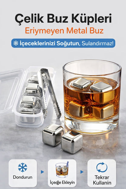4 Adet Çelik Buz Küpleri – Eriyip Sulandırmayan Paslanmaz Metal Buz, Saklama Kutulu