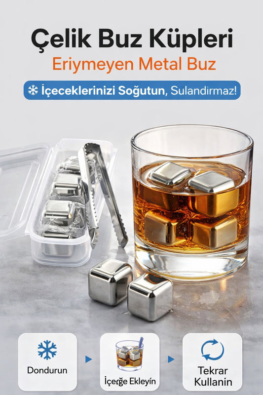 4 Adet Çelik Buz Küpleri – Eriyip Sulandırmayan Paslanmaz Metal Buz, Saklama Kutulu