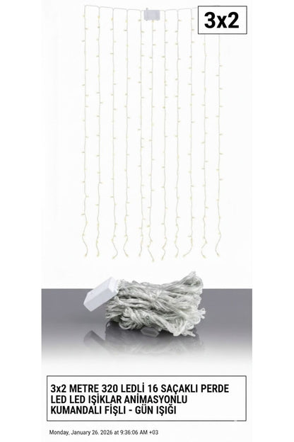 Fişli 3×2 Metre Perde LED Işık – Kumandalı Gün Işığı Aydınlatma