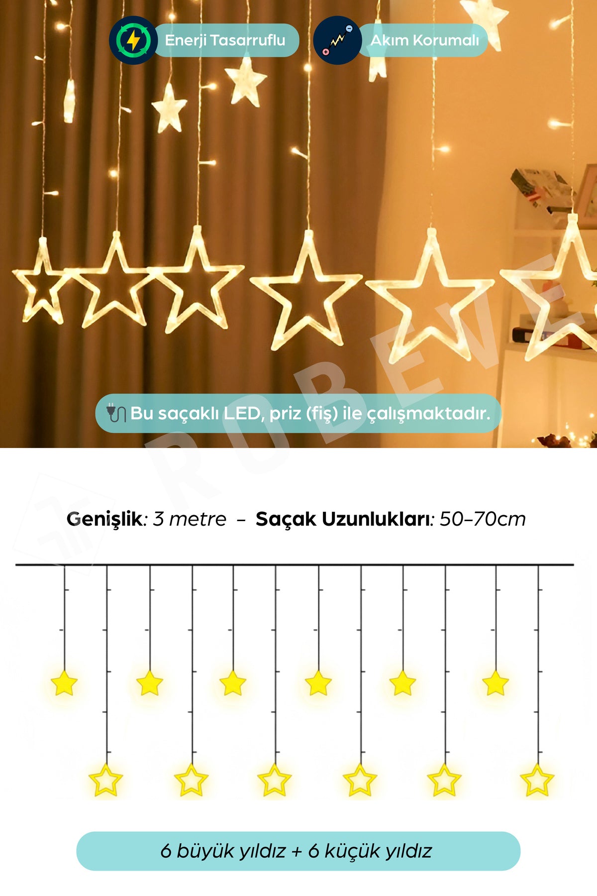 138 Ledli Yıldız Perde Işık 3 M Yılbaşı Işığı Led Işık Saçak Led Yılbaşı Perde Led