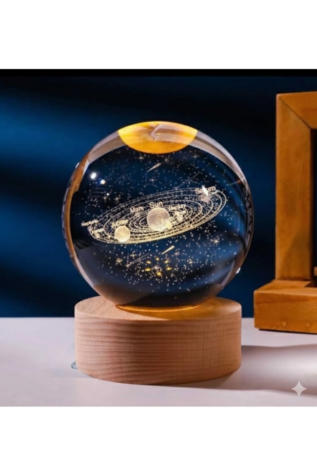 Güneş Sistemi Samanyolu Tasarımlı Işıklı Kristal Küre Gece Lambası Ahşap Dekoratif Masa Lambası