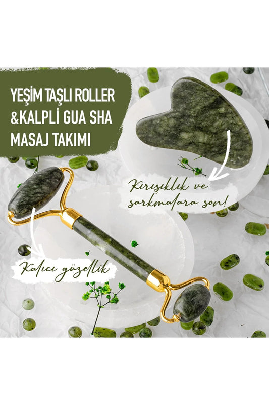 %100 Doğal Yeşim Taşı Jade Roller ve Gua Sha Masaj Seti - 2'li Cilt Bakım ve Yüz Masaj Aleti