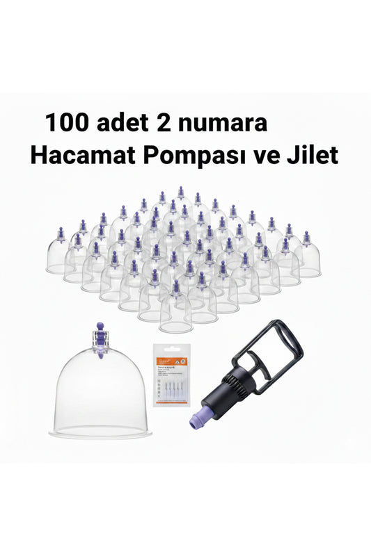 Kupa ve masaj Seti – 100 Adet 2 numara Plastik Kupa + Pompa + Jilet