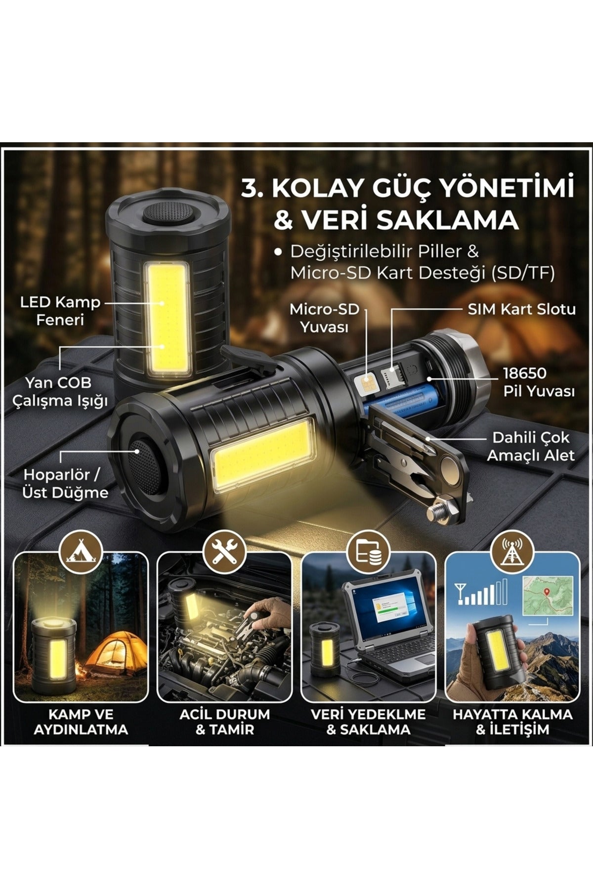 COB LED Çok Amaçlı El Feneri Döner Başlıklı Kamp Feneri Mıknatıslı Çalışma Lambası Şarjlı