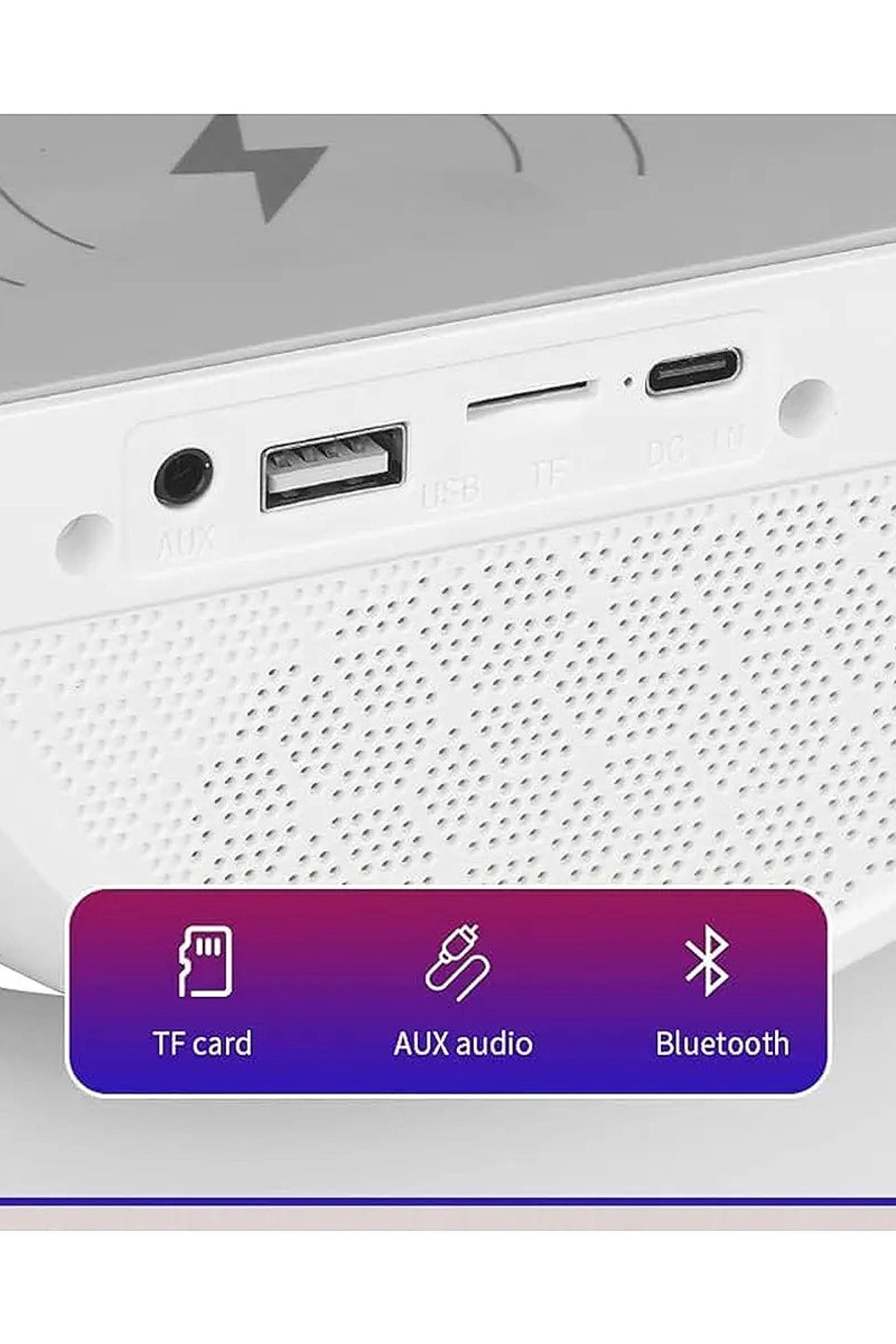G Kablosuz Şarj, Bluetooth, Müzik Çalar, Alarm, Büyük Saat, Hoparlör Özellikli Masa ve Gece Lambası