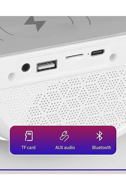 G Kablosuz Şarj, Bluetooth, Müzik Çalar, Alarm, Büyük Saat, Hoparlör Özellikli Masa ve Gece Lambası
